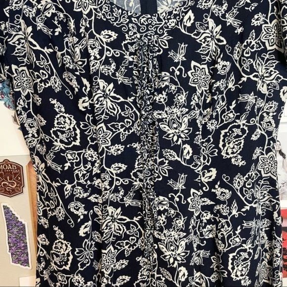 VINTAGE FAIRYCORE FAECORE TIE FRONT FIT N FLARE SHORT SLEEVE DRESS L BLUE WHITE - Picture 2 of 8